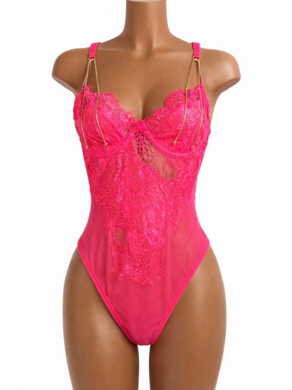 Fuchsia Lace Bodysuit with Gold Chain Straps